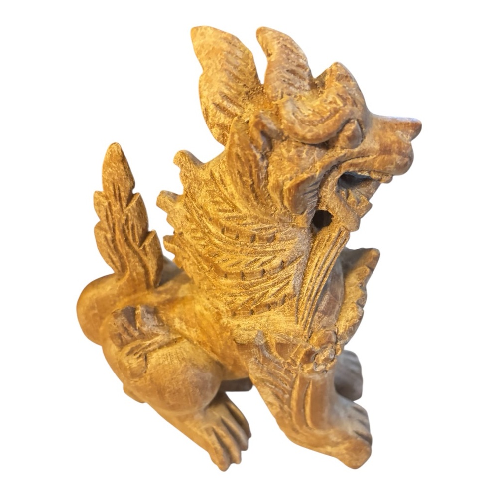 Carved Vintage Wooden Foo Dog Sculpture - from India